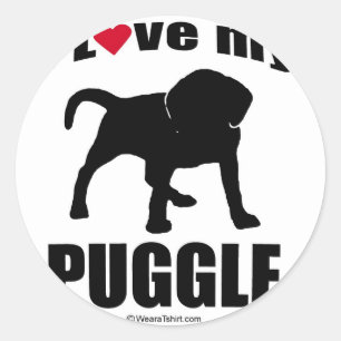 PEGATINA REDONDA "RAZA DEL PERRO" - PUGGLE - "AMO MI PUGGLE "