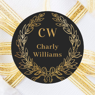 Pegatina Redonda Razón de las iniciales del monograma de oro negro