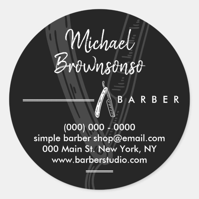 Pegatina Redonda Razor Barber con logotipo negro oscuro (Anverso)