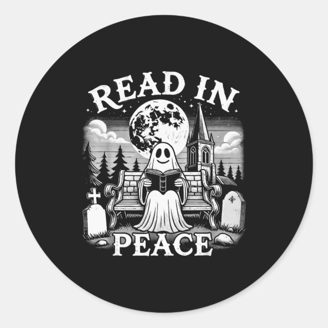 Pegatina Redonda Read In Peace Ghost Reading Books Funny Halloween  (Anverso)