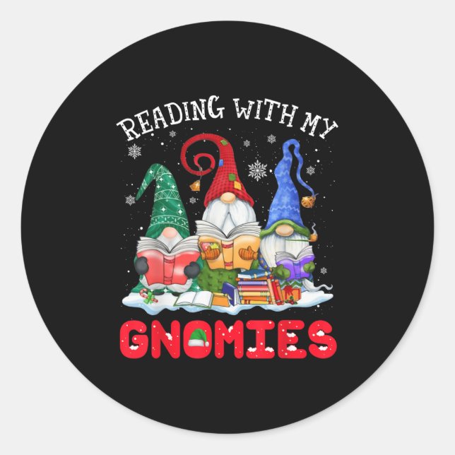 Pegatina Redonda Reading With My Gnomies Christmas Funny Gnomes Rea (Anverso)