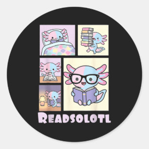 Pegatina Redonda Readsolotl kawaii axolotl amante de los libros div