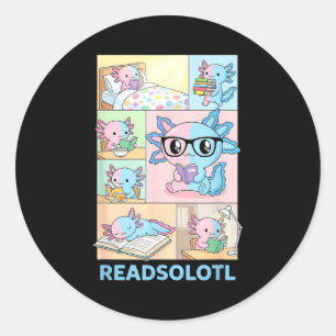 Pegatina Redonda Readsolotl kawaii axolotl amante de los libros div
