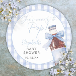 Pegatina Redonda Ready To Pop Blue Bow Soda Bottle Baby Shower