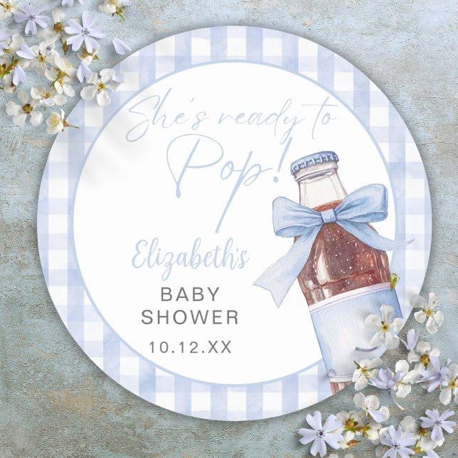 Pegatina Redonda Ready To Pop Blue Bow Soda Bottle Baby Shower (Ready To Pop Blue Bow Soda Bottle Baby Shower Classic Round Sticker)