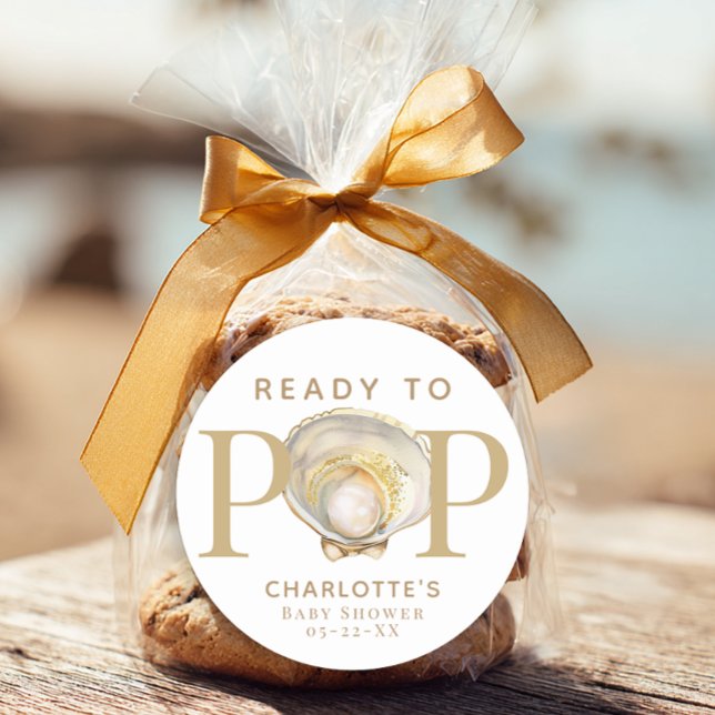 Pegatina Redonda Ready to Pop Little Pearl Ocean Baby Shower Favor  (Ready To Pop Favor Sticker)