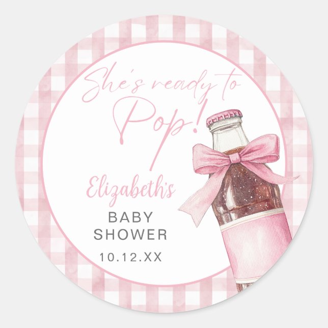 Pegatina Redonda Ready To Pop Pink Bow Soda Bottle Baby Shower (Anverso)