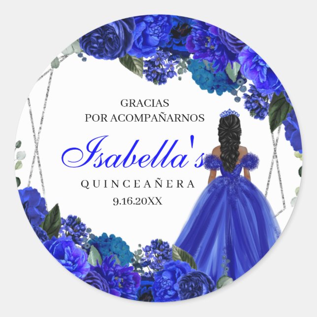 Pegatina Redonda Real Azul y Plata Floral Quinceanera Classic R (Anverso)