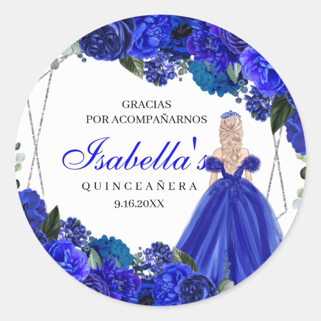 Pegatina Redonda Real Azul y Plata Floral Quinceanera Classic R (Anverso)