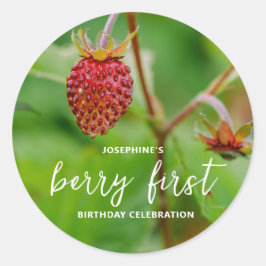Pegatina Redonda Real Red Strawberry Photo Berry First Birthday