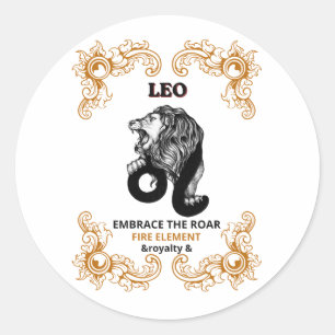 Pegatina Redonda Realeza Leo Zodiaco   Acepta el Rugido Elemento Fu