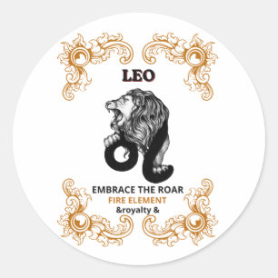 Pegatina Redonda Realeza Leo Zodiaco   Acepta el Rugido Elemento Fu