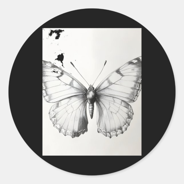 Pegatina Redonda Realistic Monarch Butterfly Pencil Drawing Sticker (Anverso)