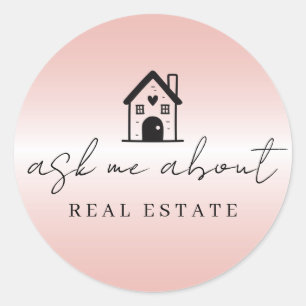 Pegatina Redonda Realtor de metal rosado me pregunta sobre bienes r