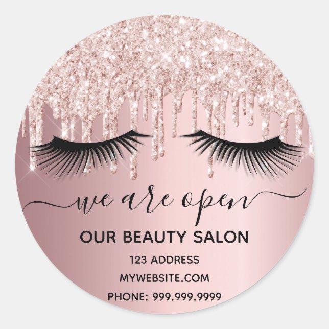 Pegatina Redonda Reapertura del salón de belleza rosa purpurina de  (Anverso)