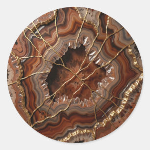 Pegatina Redonda Rebanada de ágata Kintsugi dorada de lujo mineral