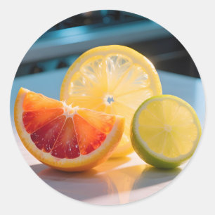Pegatina Redonda Rebanadas de cítricos vibrantes Pomelo Limón Lima 