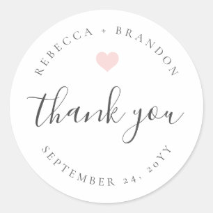 Pegatina Redonda Rebecca Pink Heart Calligraphy Gracias Boda