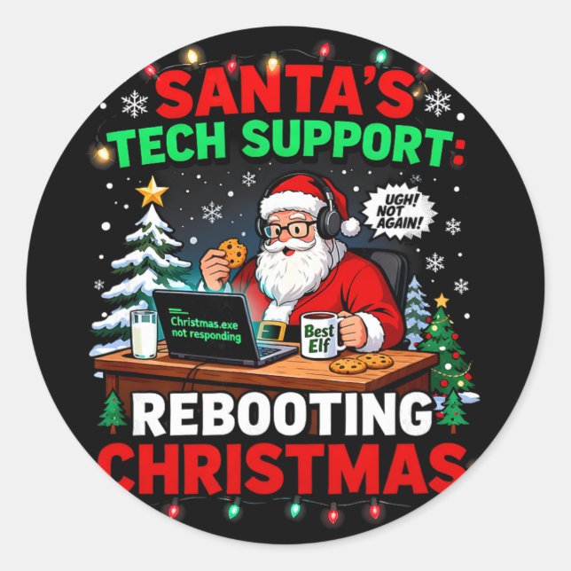 Pegatina Redonda Rebooting Funny Santa's Tech Support Christmas Com (Anverso)