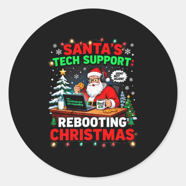 Pegatina Redonda Rebooting Funny Santa's Tech Suprt Christmas Compu (Anverso)