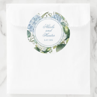 Pegatina Redonda Recepción de Boda Floral Acuarela Azul Polvoriento