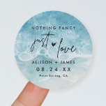 Pegatina Redonda Recepción Elopement Beach Wedding Classic Round St<br><div class="desc">La recepción del Black Nothing Fancy Just Love Elopement Agrega texto personalizado a la parte posterior para proporcionar cualquier información adicional que necesites a tus huéspedes.</div>