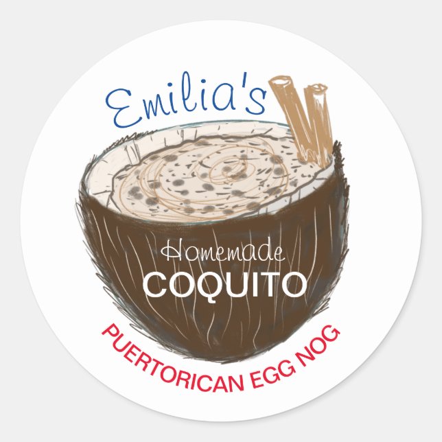 Pegatina Redonda Receta de Coquito Bebida Cáscara de Coco Dibujada  (Anverso)