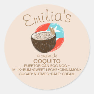 Pegatina Redonda Receta de Coquito Bebida de Coco Dibujada a Mano