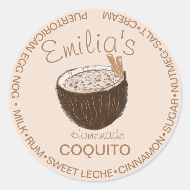 Pegatina Redonda Receta de Coquito Bebida de Coco Ingrediente Dibuj (Anverso)