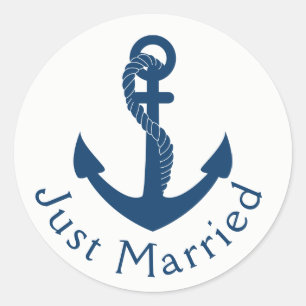 Pegatina Redonda Recién Casados Ancla Azul Marino Boda Náutica