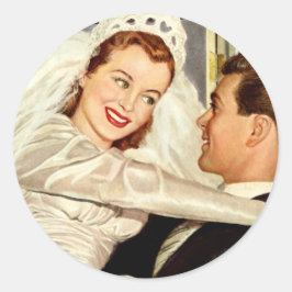 Pegatina Redonda Recién casados en una boda vintage, novia y novio 