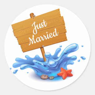 Pegatina Redonda Recién Casados Playa Náutica Azul Marino Ola Boda