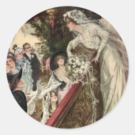 Pegatina Redonda Recién casados vintage, novia victoriana lanzando