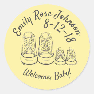 Pegatina Redonda Recién nacido de bienvenida personalizado Zapatos 