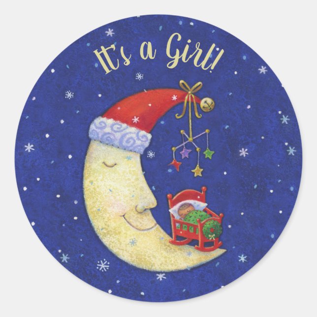 Pegatina Redonda Recién nacido Es un Chica Navidades Santa Moon (Anverso)