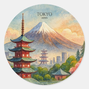 Pegatina Redonda Recuerdo de Acuarela del Paisaje Urbano de Tokio J