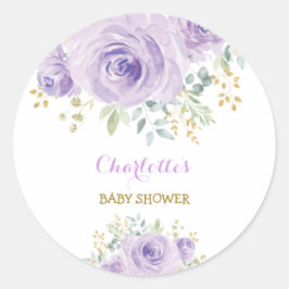 Pegatina Redonda Recuerdo de baby shower floral lila púrpura femeni