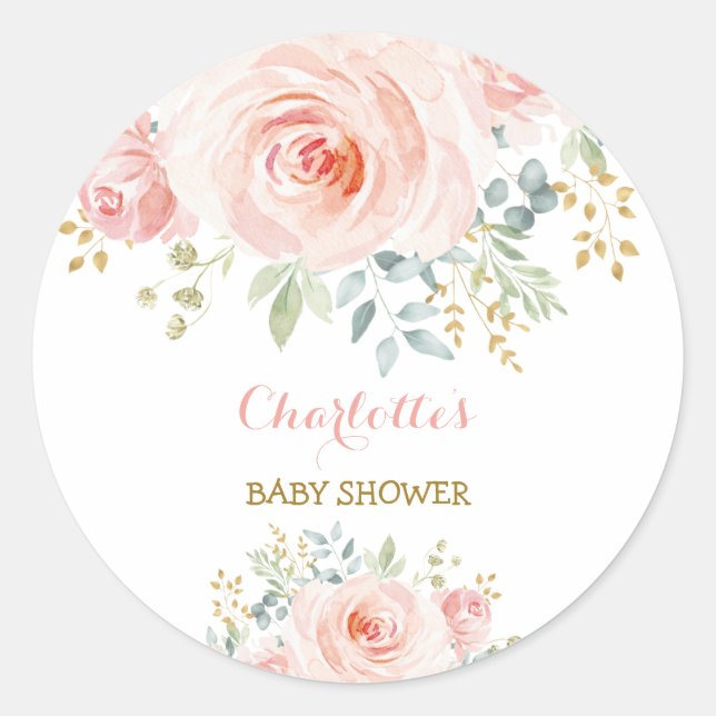 Pegatina Redonda Recuerdo de baby shower floral rosa Girlly Blush (Anverso)