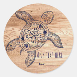 Pegatina Redonda Recuerdo de boda de Tortuga Hawaiana y Madera Lige