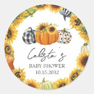 Pegatina Redonda Recuerdos para Baby Shower de Calabaza y Girasoles