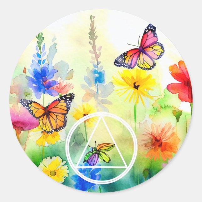 Pegatina Redonda Recuperación de mariposas y flores de símbolo AA (Anverso)