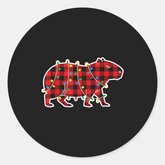 Pegatina Redonda Red And Black Buffalo Plaid Capybara Christmas Lig (Anverso)