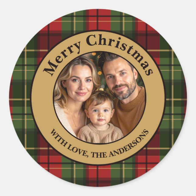 Pegatina Redonda Red And Green Plaid Custom Family Photo Christmas (Anverso)