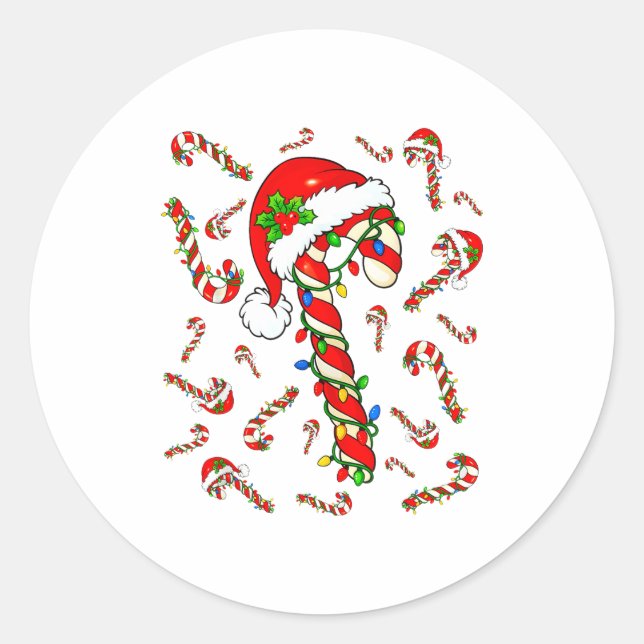 Pegatina Redonda Red And White Candy Cane Santa Christmas Xmas Ligh (Anverso)