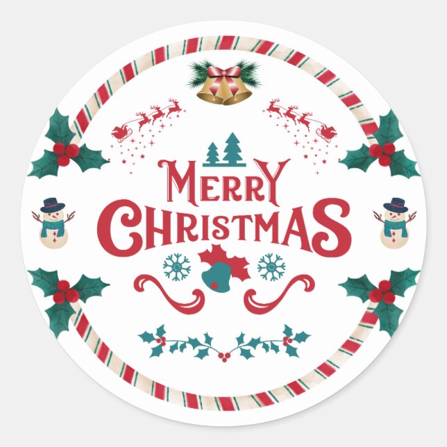 Pegatina Redonda Red and White Modern Illustrative Merry Christmas  (Anverso)