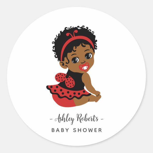 Pegatina Redonda Red Black African American Ladybug Baby Shower (Anverso)