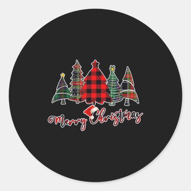 Pegatina Redonda Red Black Green Buffalo Plaid Merry Christmas Tree (Anverso)
