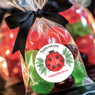 Pegatina Redonda Red Black Green Ladybug Watercolor Baby Shower