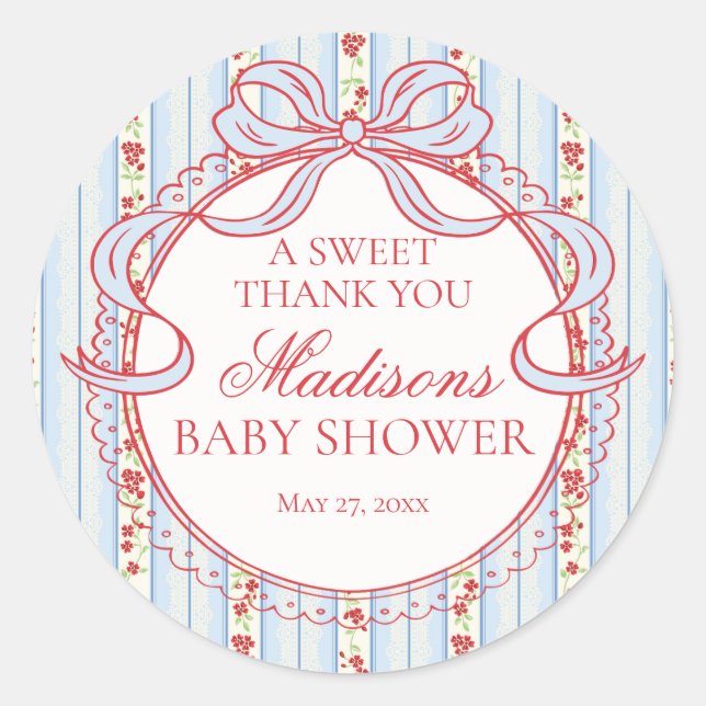 Pegatina Redonda Red Blue Vintage Fancy Floral Baby Shower Circle (Anverso)