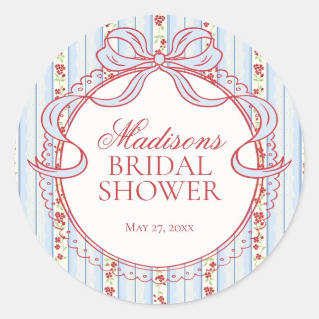 Pegatina Redonda Red & Blue Vintage Fancy Floral Bridal Shower Seal (Anverso)